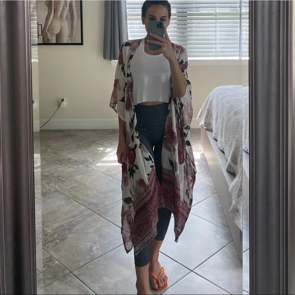 NALINI Women’s White Pink/Purple Floral Long Kimono Boho Beach Cover-up - Picture 6 of 12